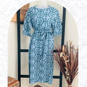 Zara Woman Blue Cotton with Green Embroidery Belted Tunic Midi Dress Size XS
